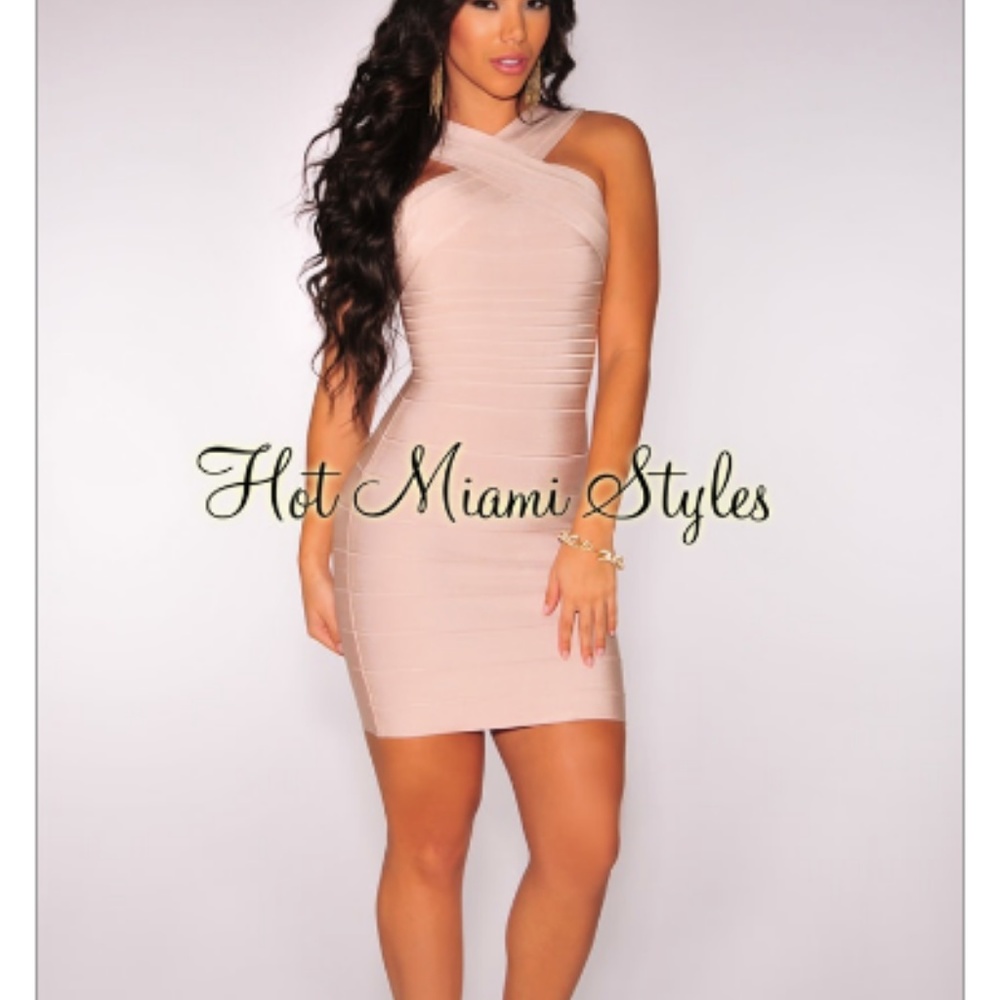 Nude CrissCross Neck Bandage Dress